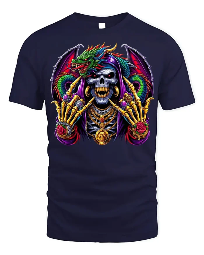 Grim Reaper Dragon T-shirt with Gothic Artwork - navy t-shirt on white background
