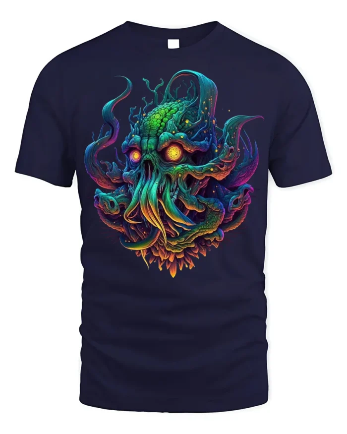 Psychedelic Cthulhu Skull Monster T-shirt - navy t-shirt on white background