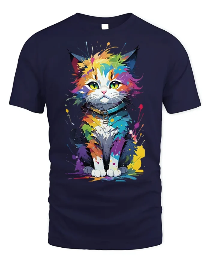Colorful Paint Splash Cat Graphic T-shirt - navy t-shirt on white background