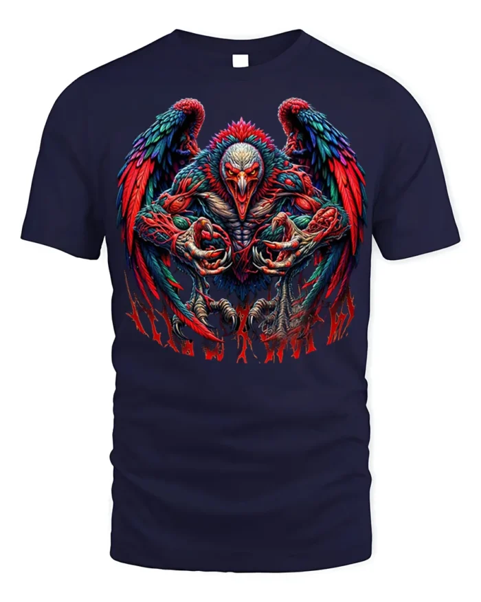 Savage Demon Rooster Graphic T-shirt for Men - navy t-shirt on white background