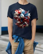 American Betta Fish Art T-shirt Patriotic Style - model wearing navy shirt, hands in pockets
