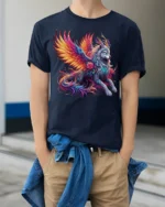 Mystic Winged Wolf Fantasy Art T-shirt for Men - model wearing navy shirt, hands in pockets