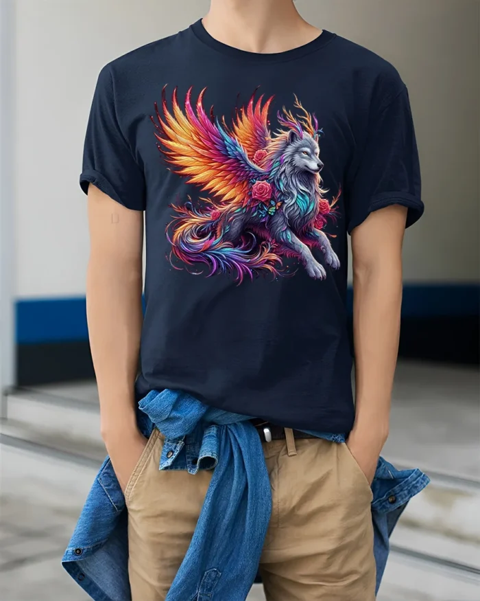 Mystic Winged Wolf Fantasy Art T-shirt for Men - model wearing navy shirt, hands in pockets