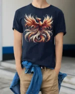 Fiery Phoenix Rise Graphic T-Shirt for Men - model wearing navy shirt, hands in pockets