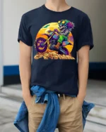 Psychedelic Skeleton Dirt Bike Rider T-Shirt - model wearing navy shirt, hands in pockets