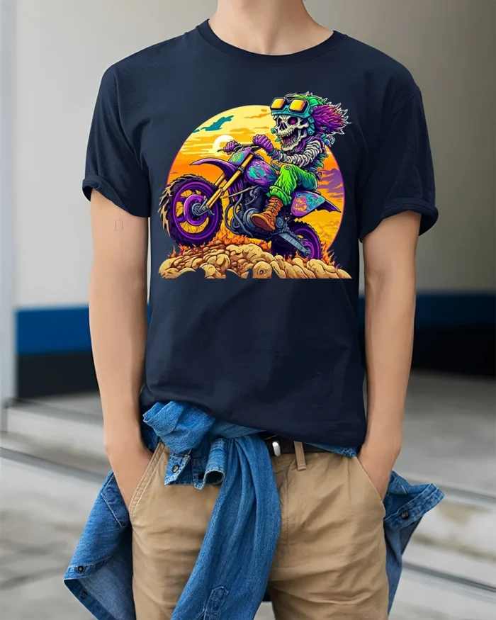 Psychedelic Skeleton Dirt Bike Rider T-Shirt - model wearing navy shirt, hands in pockets