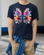 Colorful Abstract Butterfly Graphic T-Shirt - model wearing navy shirt, hands in pockets