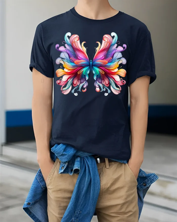 Colorful Abstract Butterfly Graphic T-Shirt - model wearing navy shirt, hands in pockets