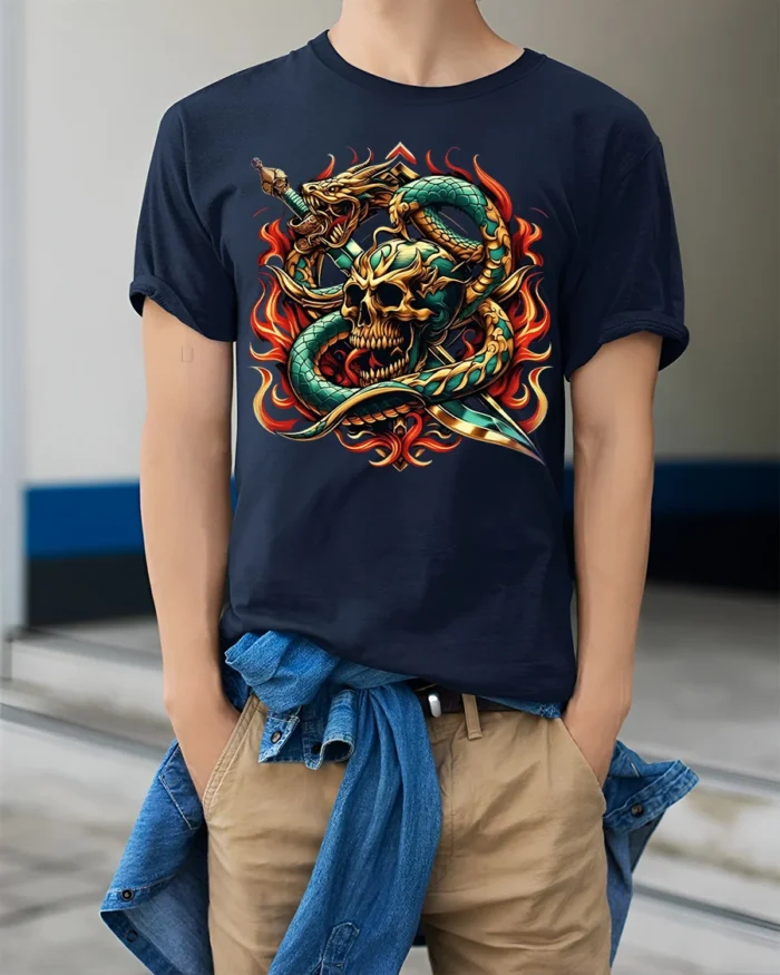 Flaming Skull Snake Sword Graphic T-Shirt - model wearing navy shirt, hands in pockets