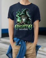 Cryptic Wizardry Magic Spellcaster T-Shirt - model wearing navy shirt, hands in pockets