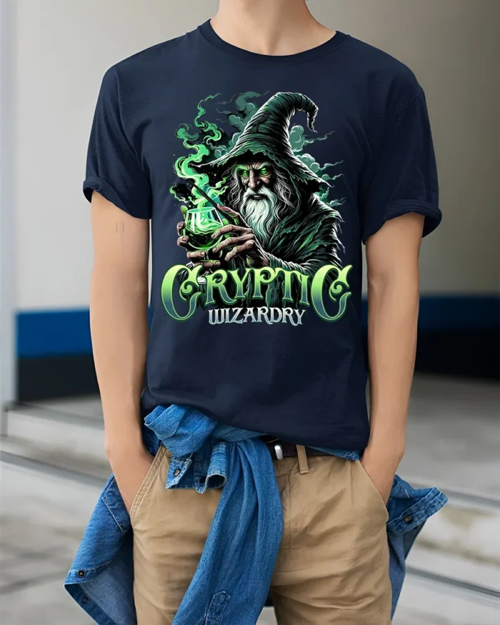Cryptic Wizardry Magic Spellcaster T-Shirt - model wearing navy shirt, hands in pockets