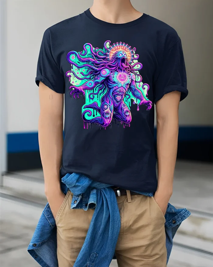 Psychedelic Cosmic Deity Graphic T-Shirt - model wearing navy shirt, hands in pockets