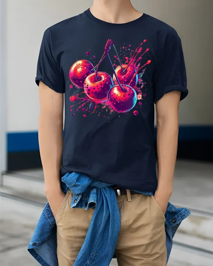 Neon Cherry Splash Fruit Art T-Shirt - model wearing navy shirt, hands in pockets