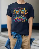 DJ Kittens Party Mix Graphic T-Shirt for Cat Fans - model wearing navy shirt, hands in pockets