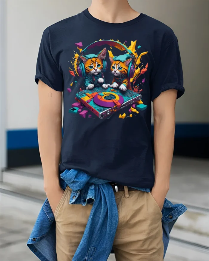 DJ Kittens Party Mix Graphic T-Shirt for Cat Fans - model wearing navy shirt, hands in pockets