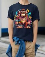 Colorful Crazy Monkey Street Art T-Shirt - model wearing navy shirt, hands in pockets