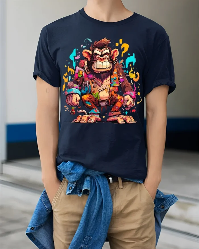 Colorful Crazy Monkey Street Art T-Shirt - model wearing navy shirt, hands in pockets