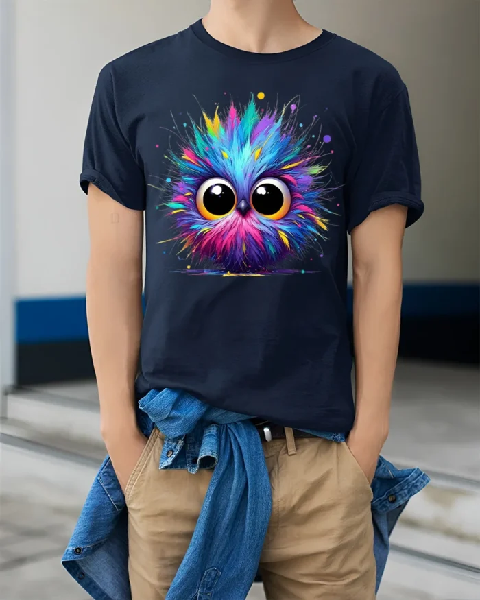Colorful Big Eyes Owl T-shirt for Cute Animal Lovers - model wearing navy shirt, hands in pockets
