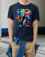 Color Splash Elephant Graphic Animal T-Shirt - model wearing navy shirt, hands in pockets