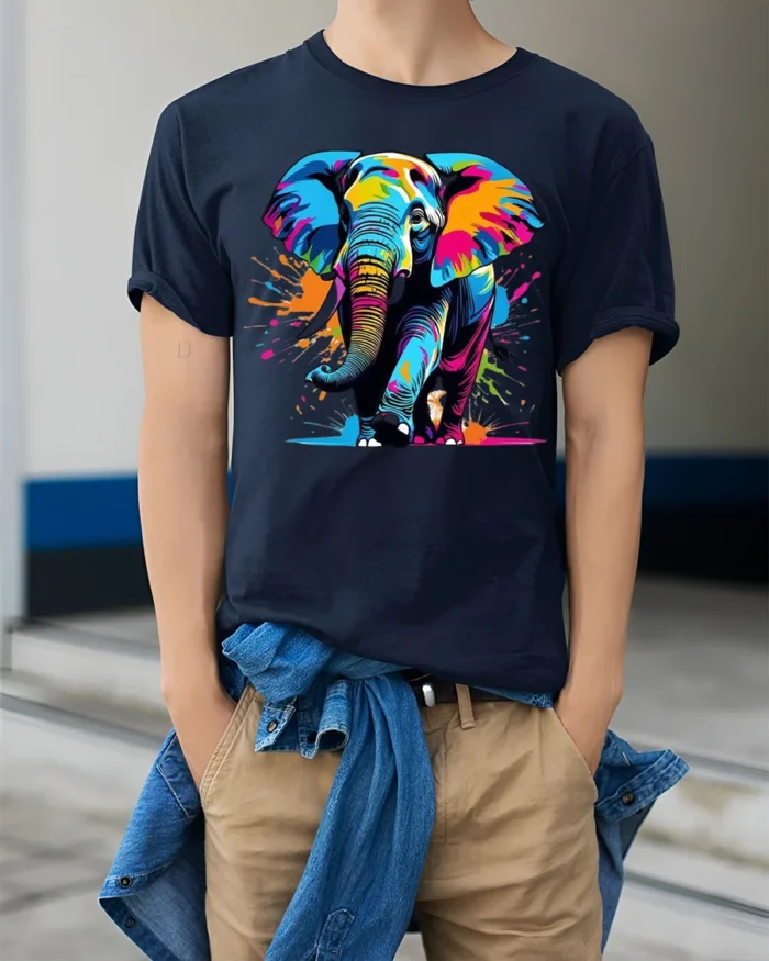 Color Splash Elephant Graphic Animal T-Shirt - model wearing navy shirt, hands in pockets