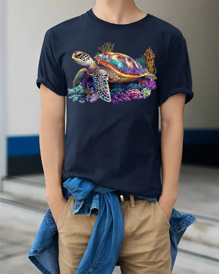 Colorful Sea Turtle T-shirt Ocean Animal Lovers Tee - model wearing navy shirt, hands in pockets