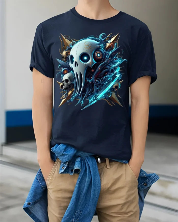Cyber Reaper Skull T-shirt Gothic Tech Style Tee - model wearing navy shirt, hands in pockets