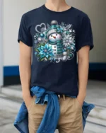 Snowman Christmas T-shirt with Blue Floral Design - model wearing navy shirt, hands in pockets