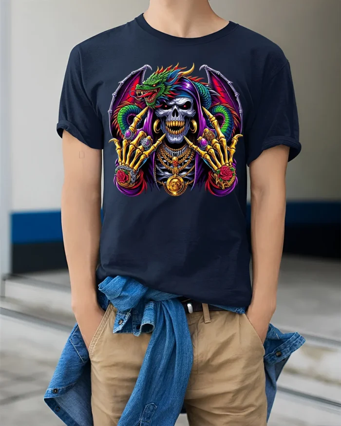 Grim Reaper Dragon T-shirt with Gothic Artwork - model wearing navy shirt, hands in pockets