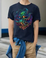 Psychedelic Cthulhu Skull Monster T-shirt - model wearing navy shirt, hands in pockets