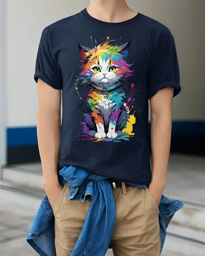 Colorful Paint Splash Cat Graphic T-shirt - model wearing navy shirt, hands in pockets