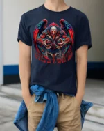 Savage Demon Rooster Graphic T-shirt for Men - model wearing navy shirt, hands in pockets