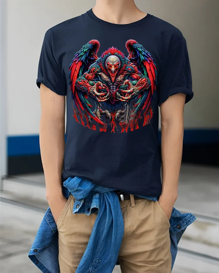 Savage Demon Rooster Graphic T-shirt for Men - model wearing navy shirt, hands in pockets