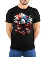 American Betta Fish Art T-shirt Patriotic Style - model wearing black shirt, hands behind back