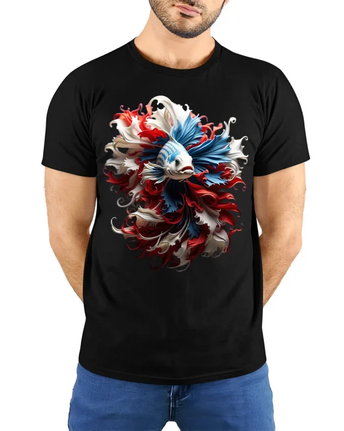 American Betta Fish Art T-shirt Patriotic Style - model wearing black shirt, hands behind back