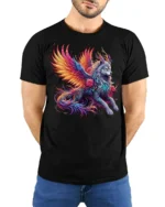 Mystic Winged Wolf Fantasy Art T-shirt for Men - model wearing black shirt, hands behind back