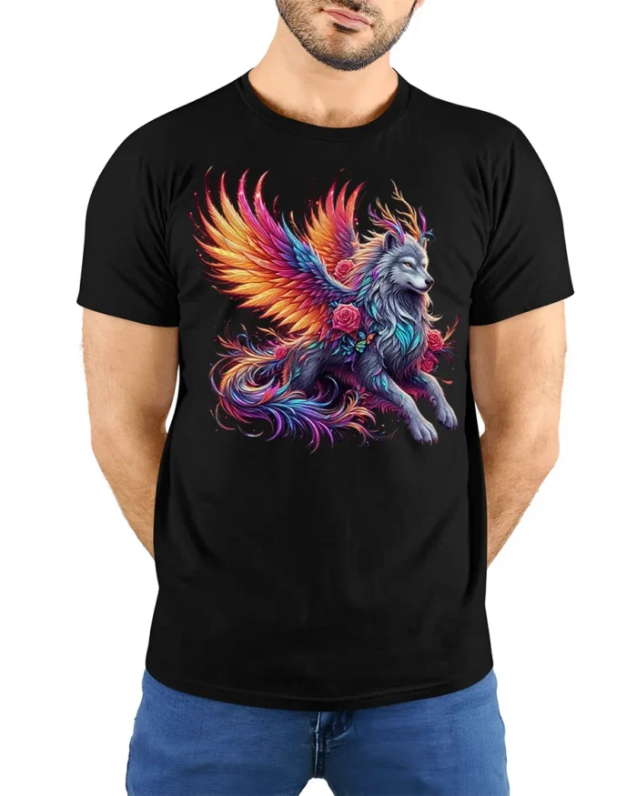 Mystic Winged Wolf Fantasy Art T-shirt for Men - model wearing black shirt, hands behind back