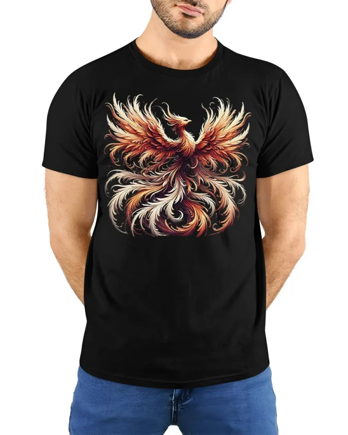 Fiery Phoenix Rise Graphic T-Shirt for Men - model wearing black shirt, hands behind back