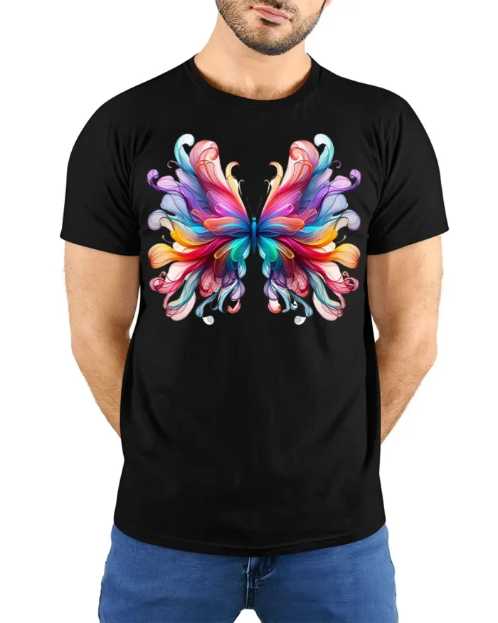 Colorful Abstract Butterfly Graphic T-Shirt - model wearing black shirt, hands behind back