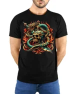 Flaming Skull Snake Sword Graphic T-Shirt - model wearing black shirt, hands behind back