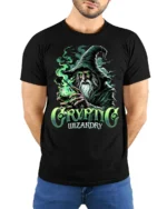 Cryptic Wizardry Magic Spellcaster T-Shirt - model wearing black shirt, hands behind back