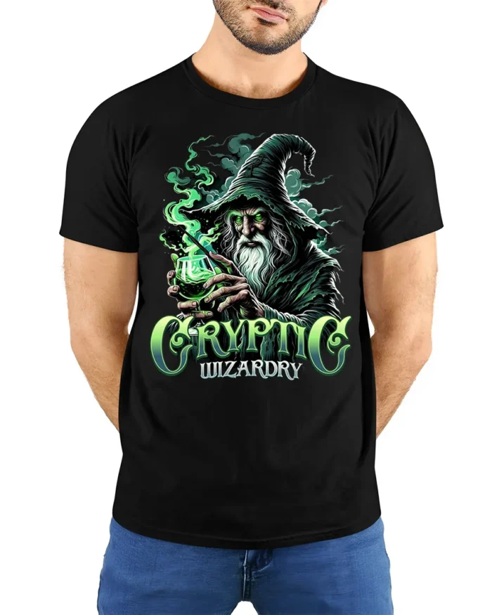 Cryptic Wizardry Magic Spellcaster T-Shirt - model wearing black shirt, hands behind back