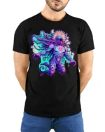 Psychedelic Cosmic Deity Graphic T-Shirt - model wearing black shirt, hands behind back