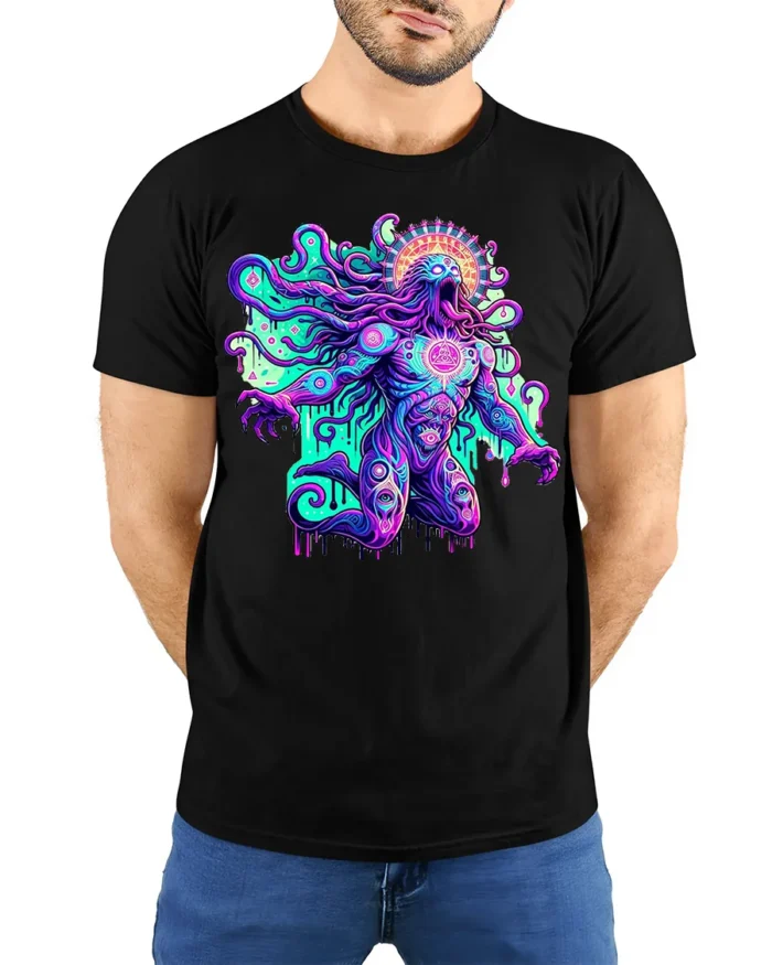 Psychedelic Cosmic Deity Graphic T-Shirt - model wearing black shirt, hands behind back