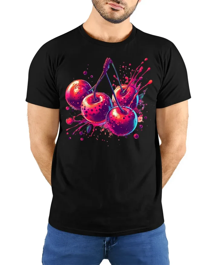 Neon Cherry Splash Fruit Art T-Shirt - model wearing black shirt, hands behind back