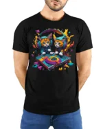 DJ Kittens Party Mix Graphic T-Shirt for Cat Fans - model wearing black shirt, hands behind back