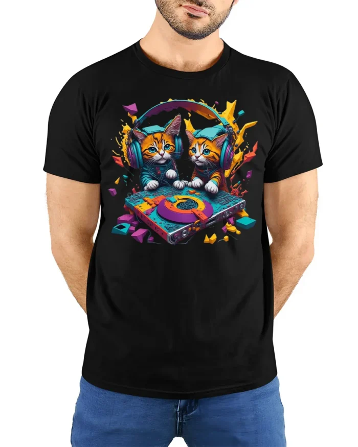 DJ Kittens Party Mix Graphic T-Shirt for Cat Fans - model wearing black shirt, hands behind back