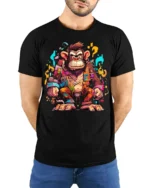 Colorful Crazy Monkey Street Art T-Shirt - model wearing black shirt, hands behind back