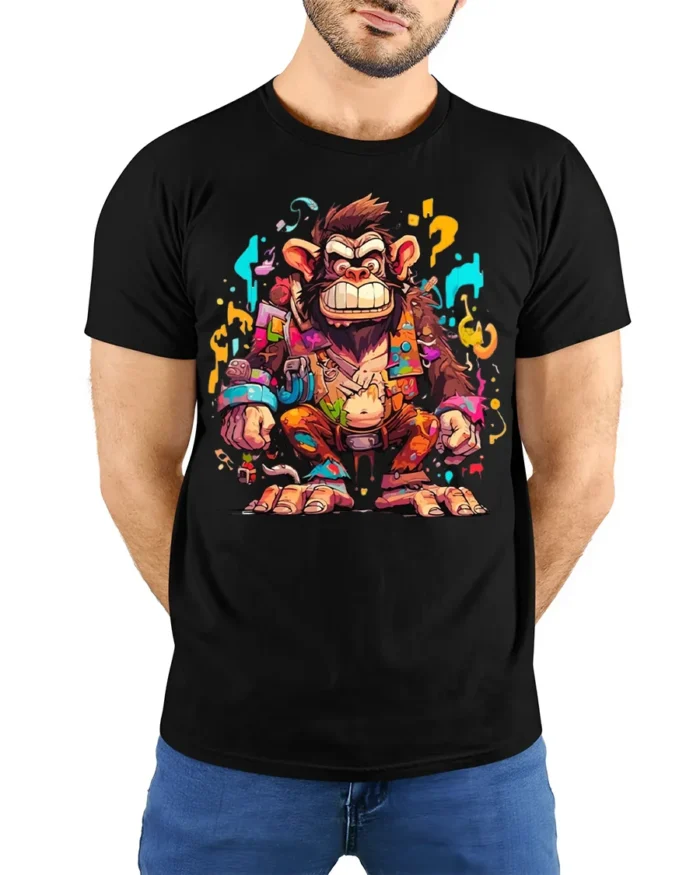 Colorful Crazy Monkey Street Art T-Shirt - model wearing black shirt, hands behind back