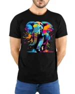 Color Splash Elephant Graphic Animal T-Shirt - model wearing black shirt, hands behind back