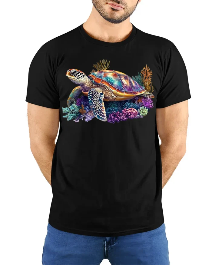 Colorful Sea Turtle T-shirt Ocean Animal Lovers Tee - model wearing black shirt, hands behind back
